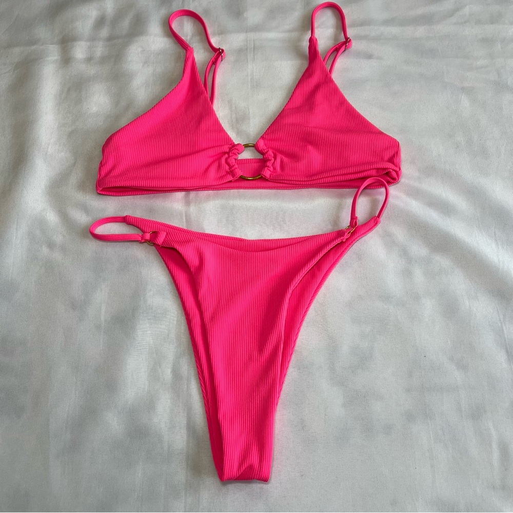 Neon Pink Sexy High Waist High Rise Cheeky Triangle Top Ribbed Bikini Medium